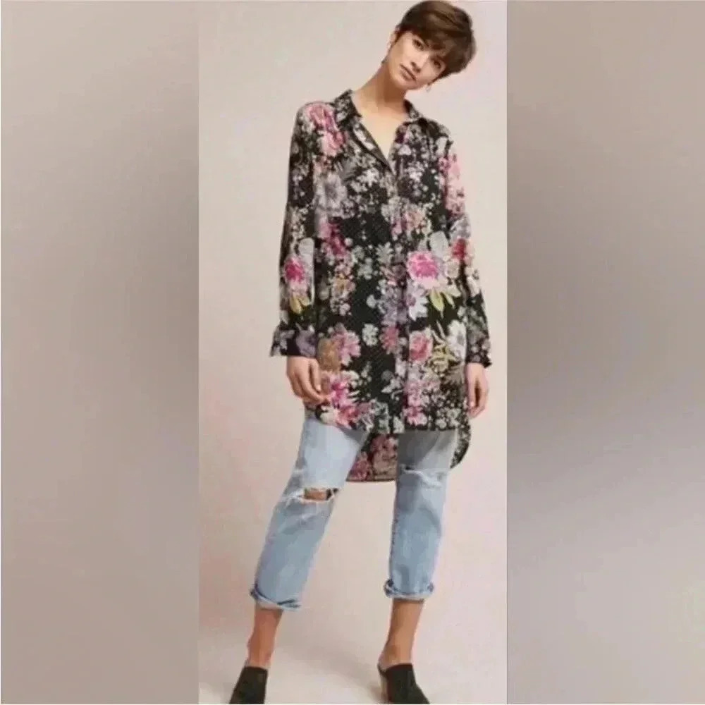 Anthropologie Maeve Autumn Floral Sparkle Dot Hi-Low Tunic